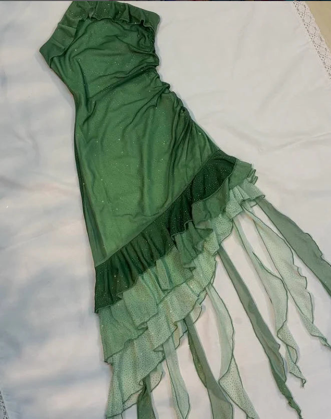 Eye - catching Sage Green Halter Neck Asymmetric Frilled Mini Dress for Special Occasions