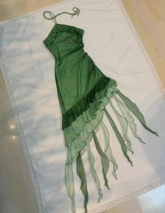 Eye - catching Sage Green Halter Neck Asymmetric Frilled Mini Dress for Special Occasions