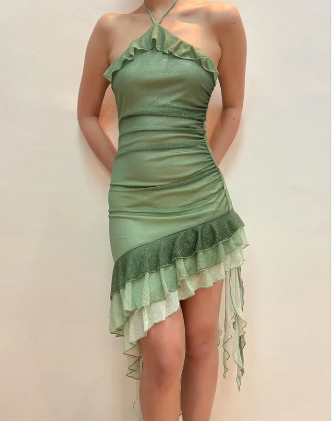Eye - catching Sage Green Halter Neck Asymmetric Frilled Mini Dress for Special Occasions