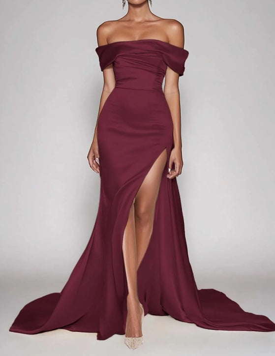 Cabernet Satin Off the Shoulder Long Sheath Prom Dress with Slit simple gentle atmospheric and unique desi Bring summer colors to enhance whiteness