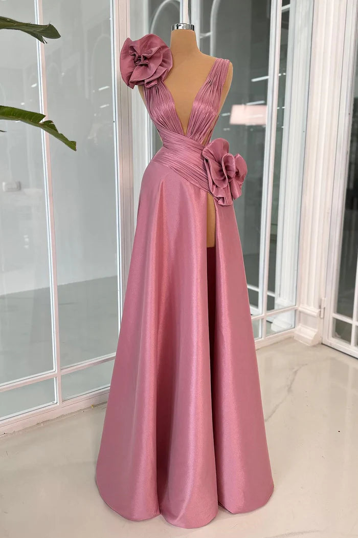 Fabulous A-line V-neck Sleeveless Ruffled Satin Split Front Evening DressSatin Prom Dress Simple gentle atmospheric and unique design