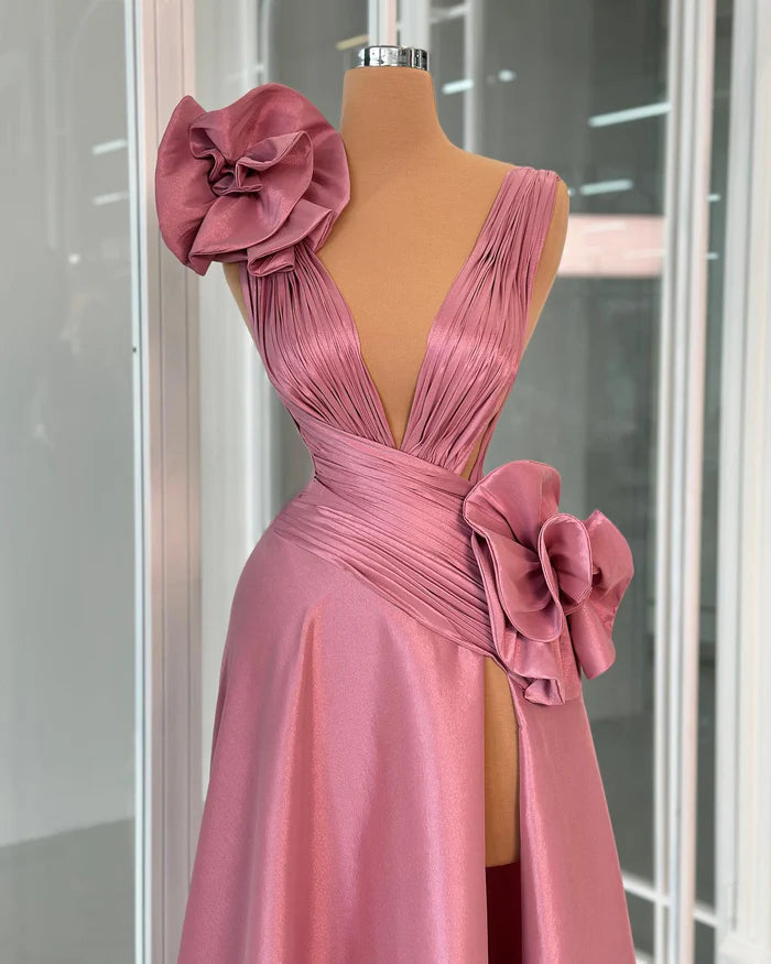 Fabulous A-line V-neck Sleeveless Ruffled Satin Split Front Evening DressSatin Prom Dress Simple gentle atmospheric and unique design