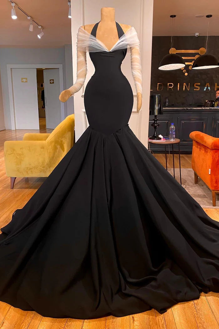 Fabulous Floor-Length Long-Sleeve Halter Mermaid Prom Dress with Luxurious Ruffles Simple gentle atmospheric and unique design  ﻿