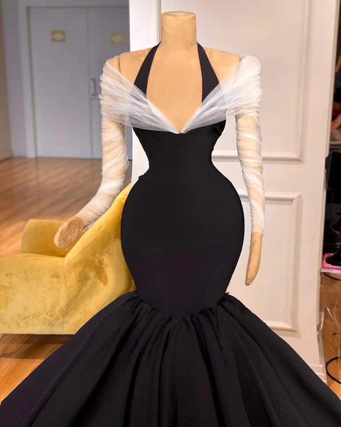 Fabulous Floor-Length Long-Sleeve Halter Mermaid Prom Dress with Luxurious Ruffles Simple gentle atmospheric and unique design  ﻿