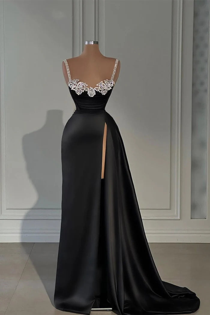 Fabulous Long Black A-line Straps Dress with Crystal Sleeveless and Slit Simple gentle atmospheric and unique design