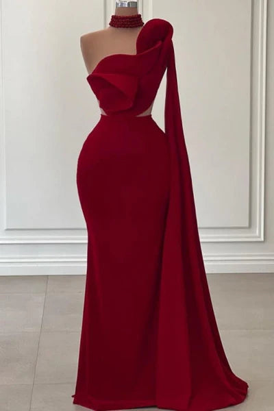 Fabulous Long Burgundy One-Shoulder Mermaid Sleeveless Prom Gown with Ruffles Sleeves Simple gentle atmospheric and unique design
