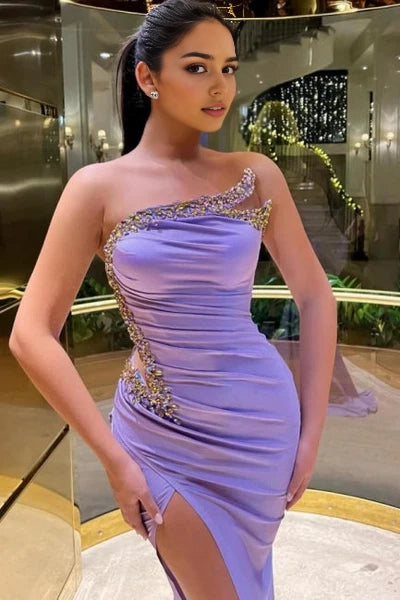 Fabulous Long Lilac Strapless Beaded Mermaid Satin Prom Dress with High Slit Simple gentle atmospheric and unique design