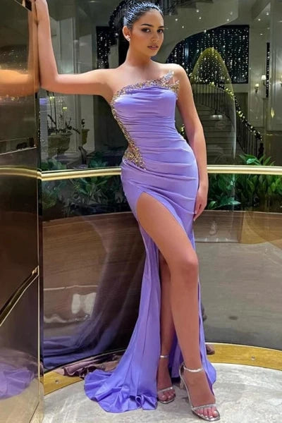 Fabulous Long Lilac Strapless Beaded Mermaid Satin Prom Dress with High Slit Simple gentle atmospheric and unique design