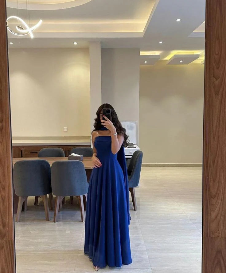 Fancy A Line Strapless Royal Blue Chiffon Sleeveless Long Evening Dress Party Gowns Evening Special Formal Dresses Prom Dress
