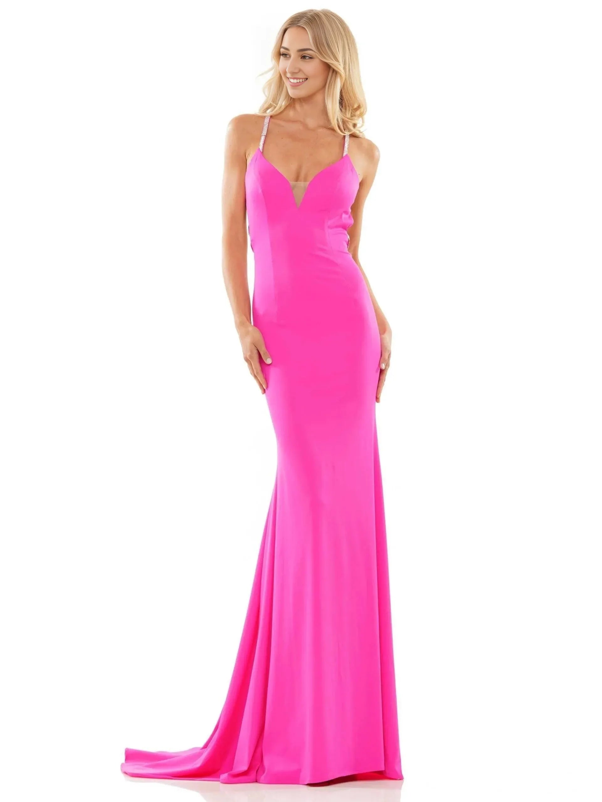 Fashion Mermaid V Neck Spaghetti Strap Open Back Train Floor Length Prom Dress