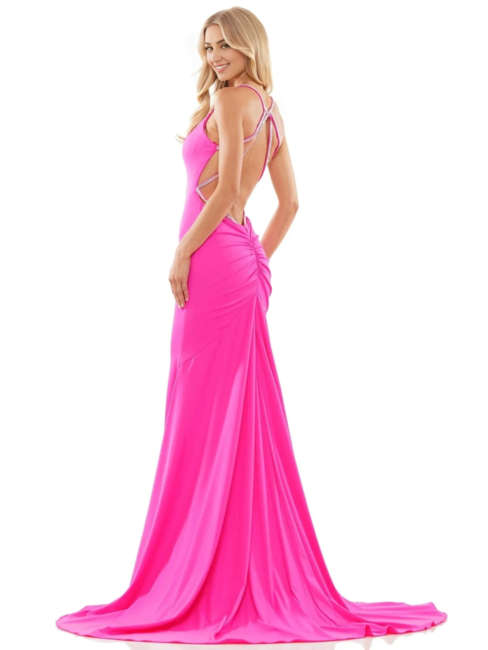 Fashion Mermaid V Neck Spaghetti Strap Open Back Train Floor Length Prom Dress