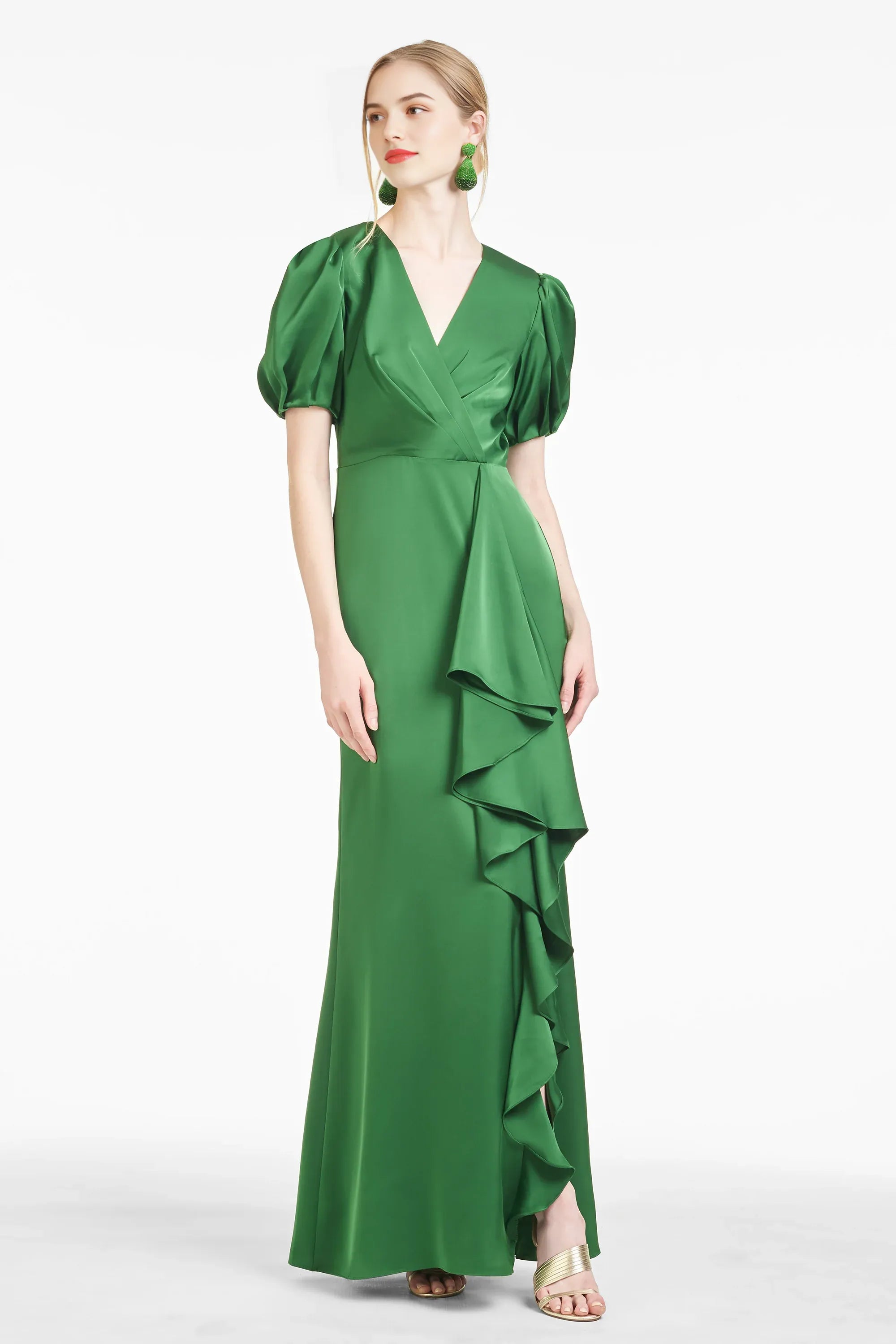 Fashion Puff Sleeve Sheath V Neck Short Sleeve Zipper Back Floor Length For Ladies Evening Dress
