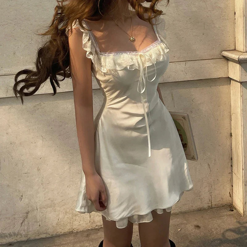 Fashion Lace Patchwork Satin Dress Women Short Party Dress Cocktail Dresses Homecoming Dress  simple gentle atmospheric and unique desi Bring summer colors to enhance whiteness