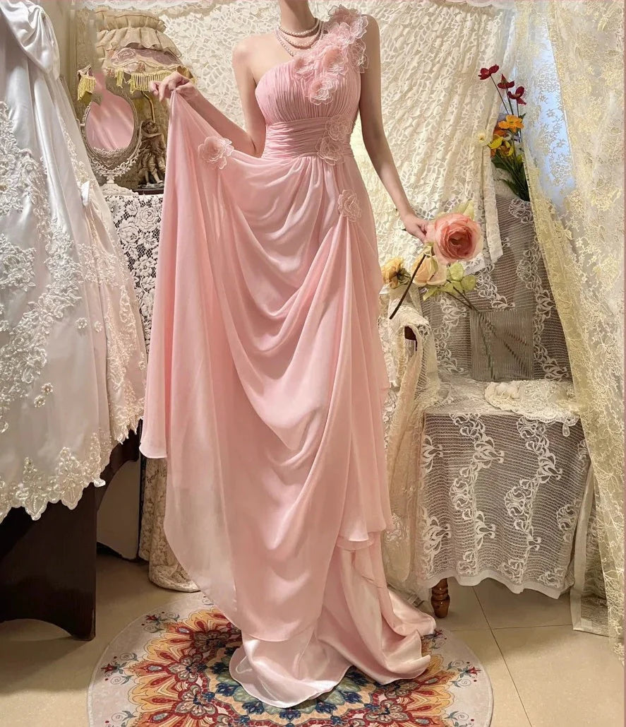 Fashion One Shoulder Long Chiffon Ball Gown Evening Dress simple gentle atmospheric and unique desi Bring summer colors to enhance whiteness