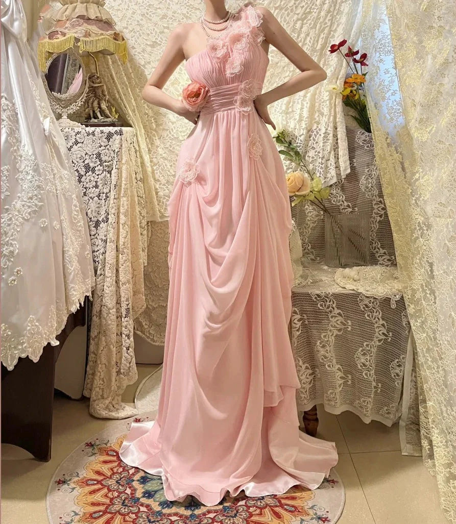 Fashion One Shoulder Long Chiffon Ball Gown Evening Dress simple gentle atmospheric and unique desi Bring summer colors to enhance whiteness