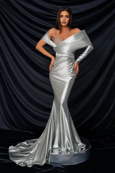 Fashionable Long Silver Mermaid Off-the-shoulder Lace Prom Gown with Long Sleeves Simple gentle atmospheric and unique design