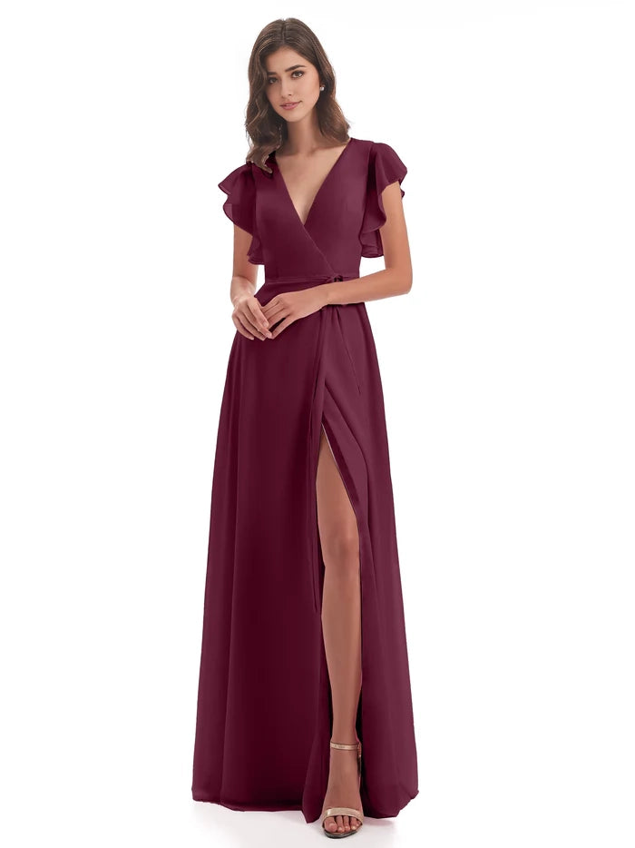 Floor Length V-Neck Chiffon Bridesmaid Dresses simple gentle atmospheric and unique desi Bring summer colors to enhance whiteness