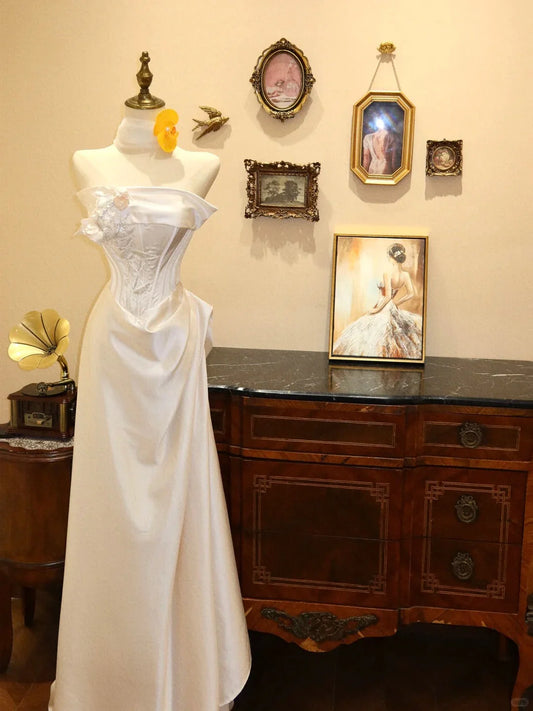 Floral Long Satin Ball Gown Evening Gown simple gentle atmospheric and unique desi Bring summer colors to enhance whiteness