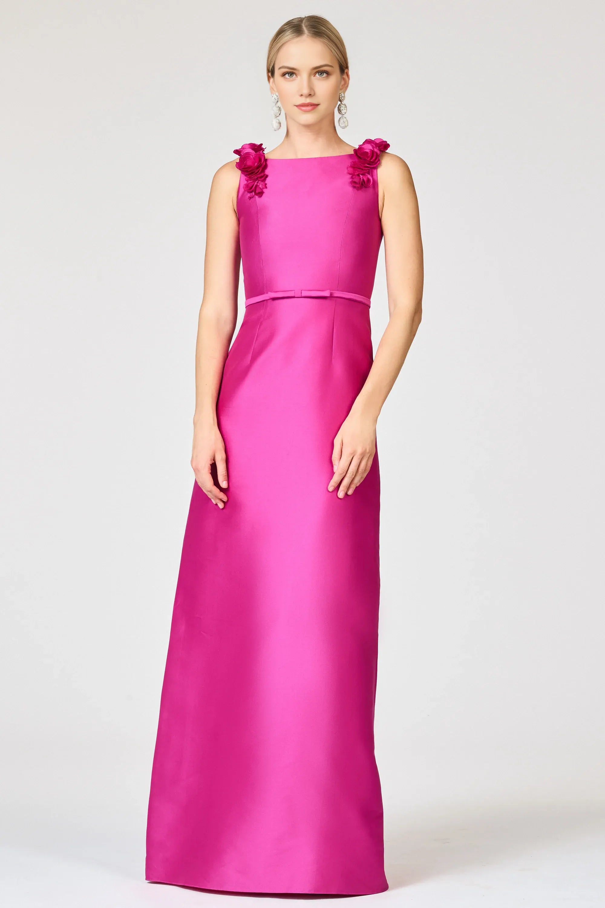Flower Accented Sheath Crew Neck Sleeveless Zipper Back Floor Length For Ladies Evening Dress