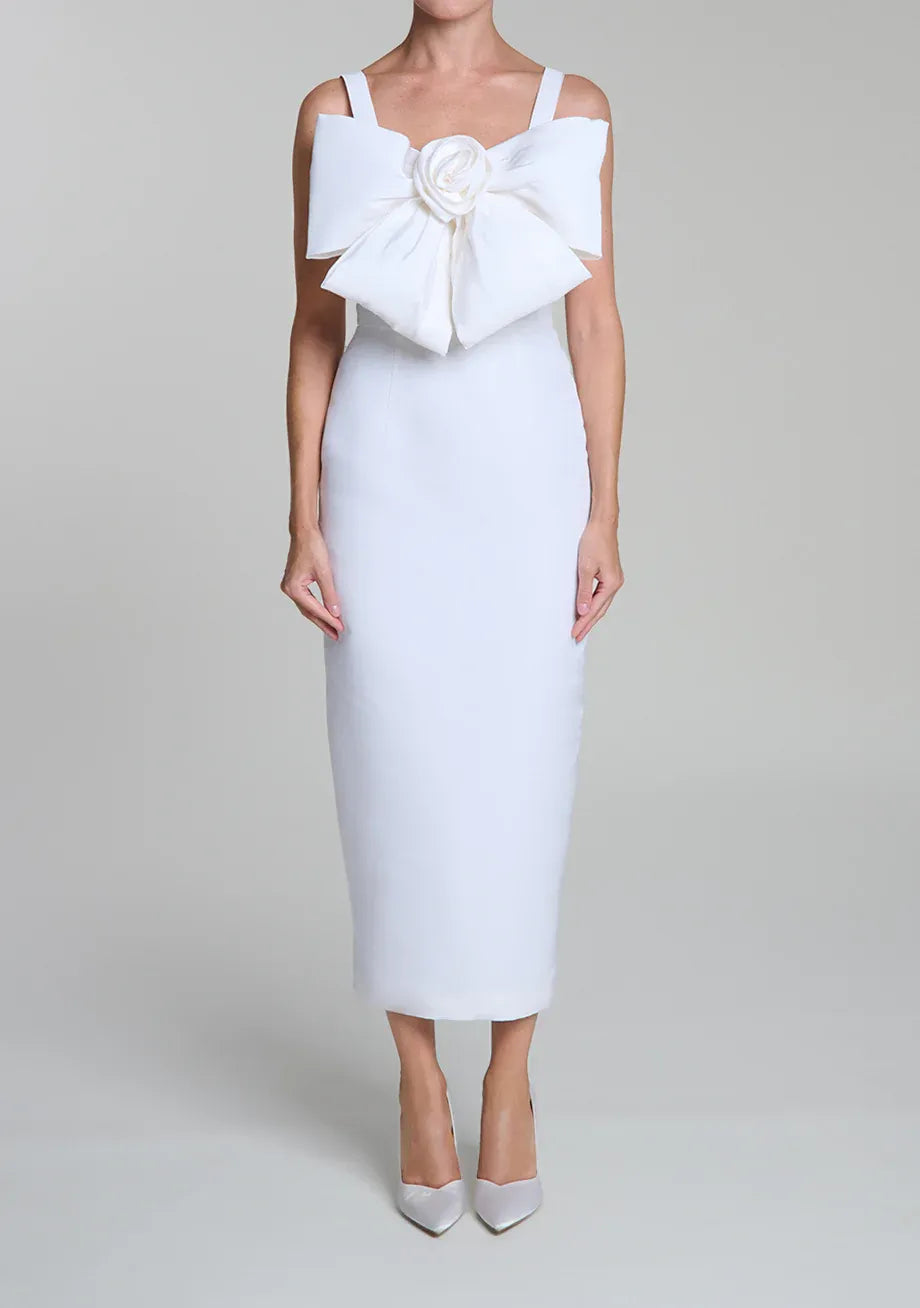 Flower Bow Sheath Square Neck Sleeveless Zipper Back Midi Length For Women Evening Dress