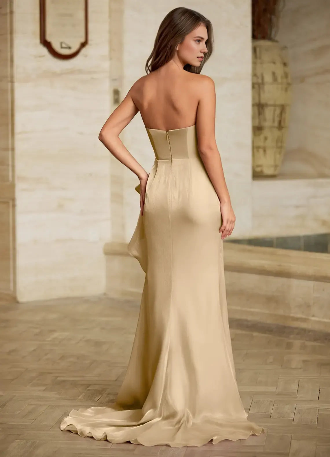 Flowing Mermaid Sweetheart Neck Strapless Open Back Ruffled High Slit Floor Length Female Evening Dress