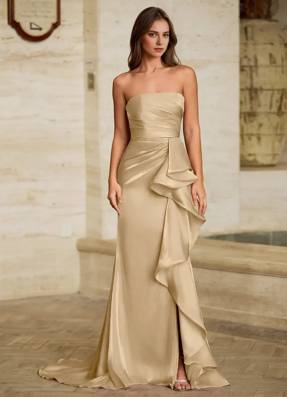 Flowing Mermaid Sweetheart Neck Strapless Open Back Ruffled High Slit Floor Length Female Evening Dress