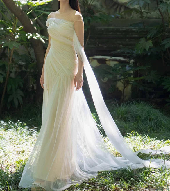 Flowy Simple Ivory A Line Pleated Tulle Long Evening Dress Party Dress  simple gentle atmospheric and unique desi Bring summer colors to enhance whiteness