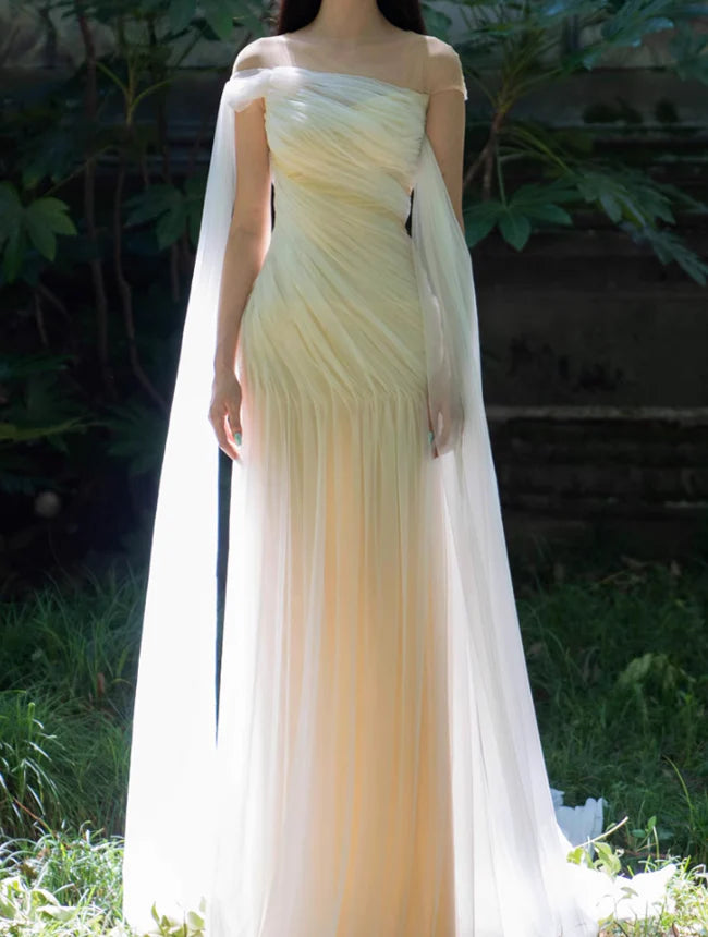 Flowy Simple Ivory A Line Pleated Tulle Long Evening Dress Party Dress  simple gentle atmospheric and unique desi Bring summer colors to enhance whiteness