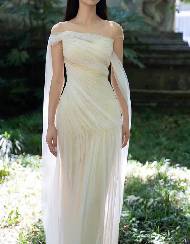 Flowy Simple Ivory A Line Pleated Tulle Long Evening Dress Party Dress  simple gentle atmospheric and unique desi Bring summer colors to enhance whiteness