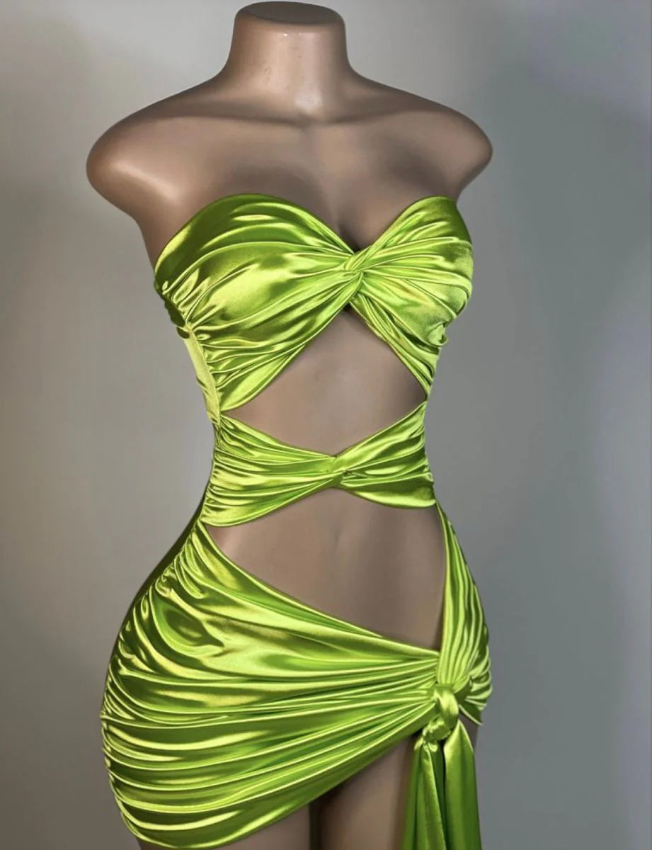Fluorescent green satin strapless skirt with cross tie design and side slit straps
