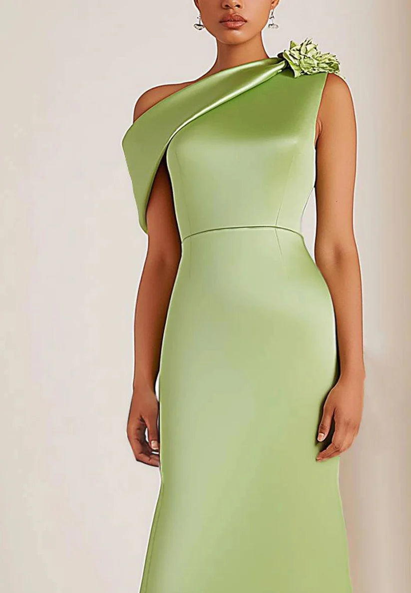 Formal One-shoulder Dress Green Party Floor Length Dress simple gentle atmospheric and unique desi Bring summer colors to enhance whiteness