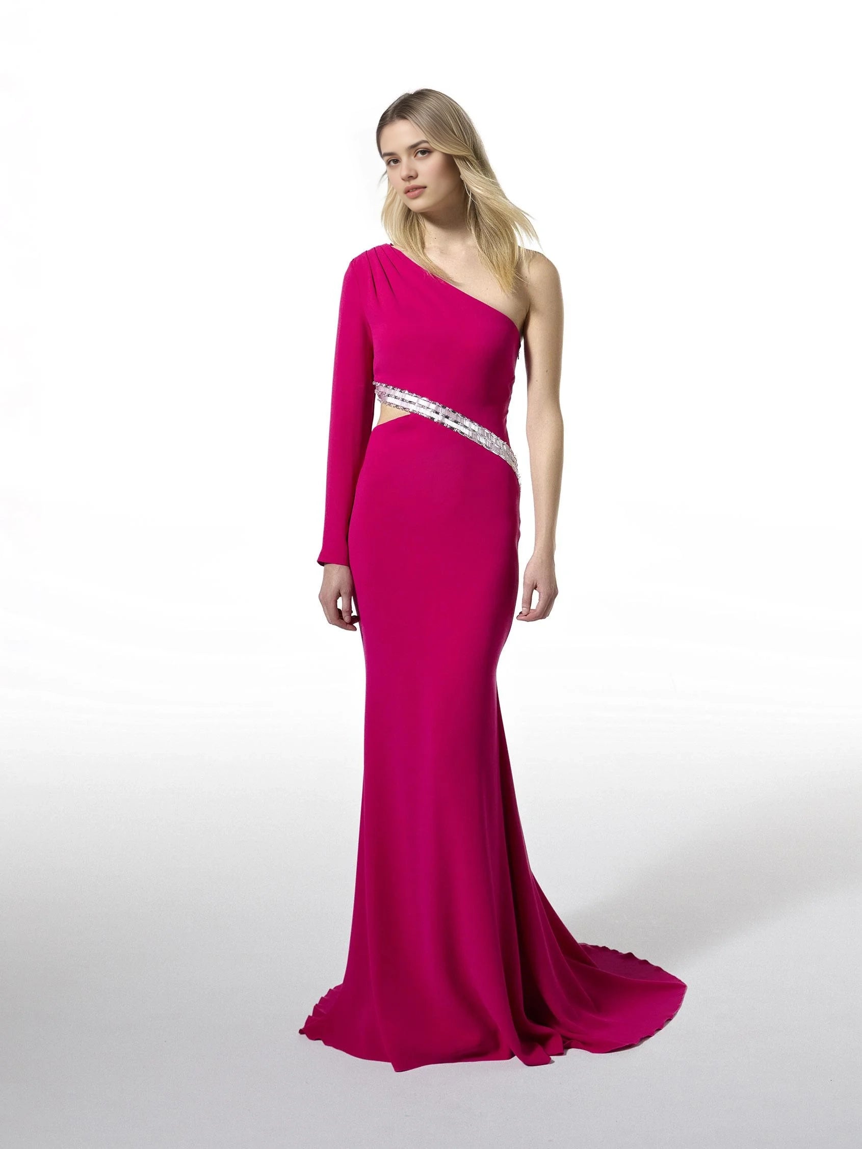 Fuchsia One-Shoulder Cutout Maxi Dress with Crystal Detail Mermaid party dress in crepe with an asymmetrical neckline Bridesmaid Dresses