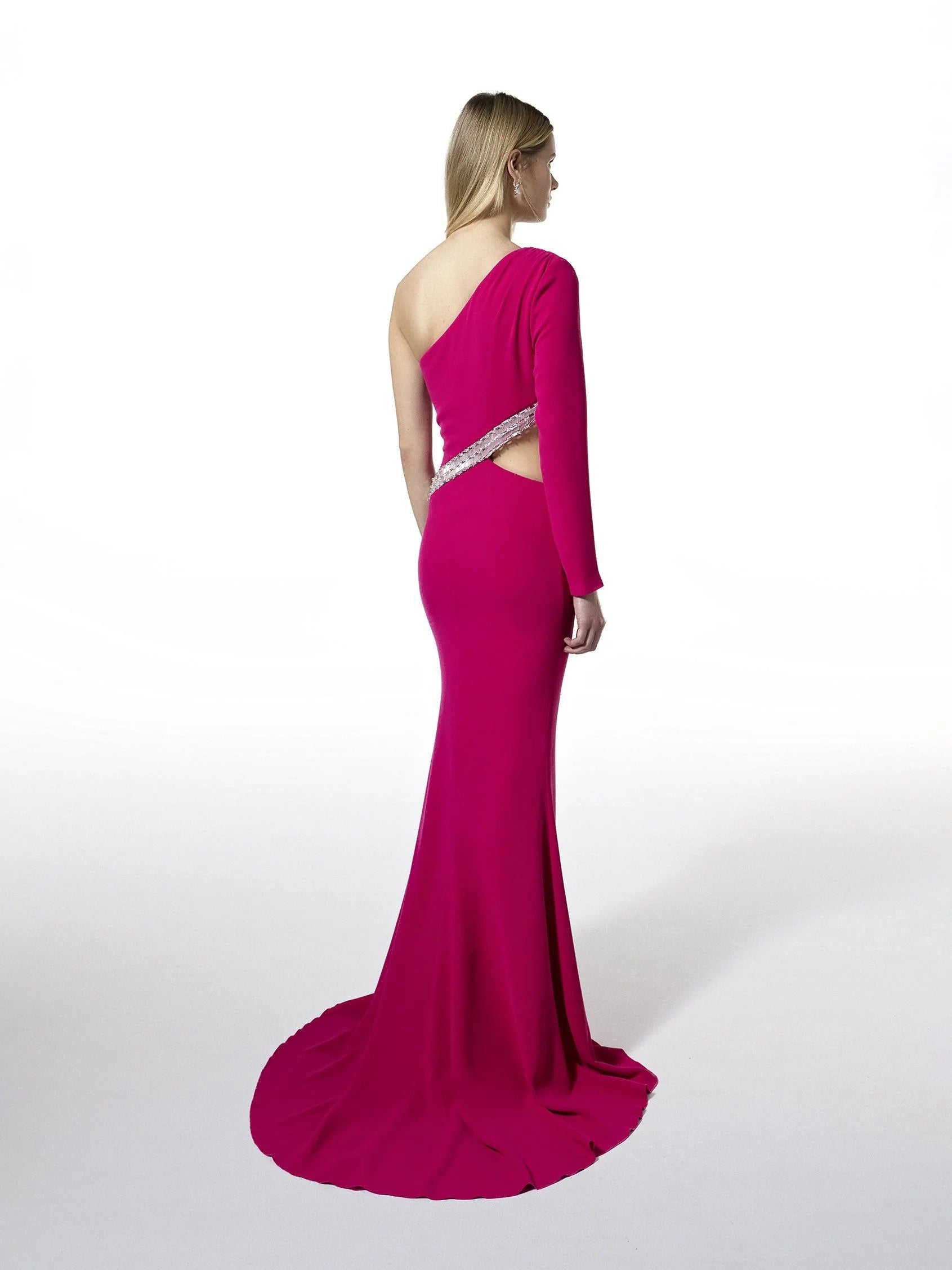 Fuchsia One-Shoulder Cutout Maxi Dress with Crystal Detail Mermaid party dress in crepe with an asymmetrical neckline Bridesmaid Dresses