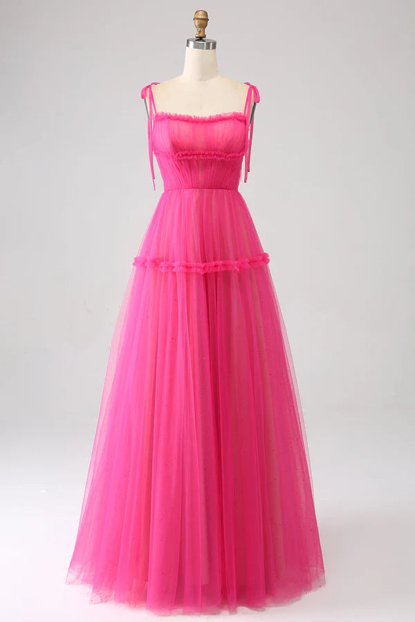 Fuchsia A-Line Ruffled Long Tulle Prom Dress simple gentle atmospheric and unique desi