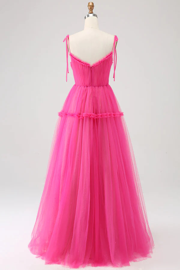 Fuchsia A-Line Ruffled Long Tulle Prom Dress simple gentle atmospheric and unique desi