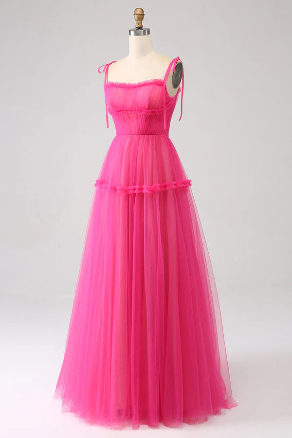 Fuchsia A-Line Ruffled Long Tulle Prom Dress simple gentle atmospheric and unique desi
