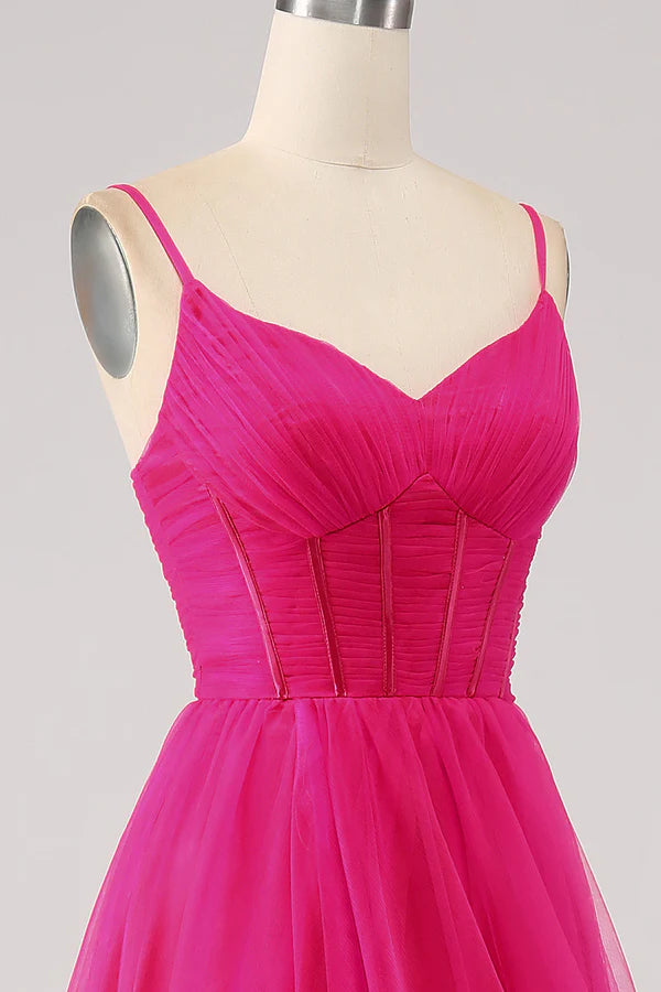 Fuchsia A-Line Spaghetti Straps Long Corset Prom Dress with Slit simple gentle atmospheric and unique desi