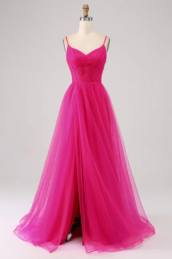 Fuchsia A-Line Spaghetti Straps Long Corset Prom Dress with Slit simple gentle atmospheric and unique desi