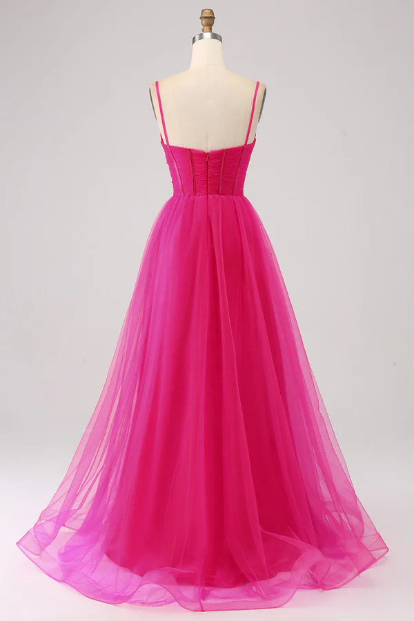 Fuchsia A-Line Spaghetti Straps Long Corset Prom Dress with Slit simple gentle atmospheric and unique desi