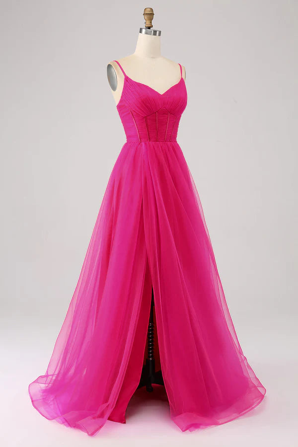 Fuchsia A-Line Spaghetti Straps Long Corset Prom Dress with Slit simple gentle atmospheric and unique desi
