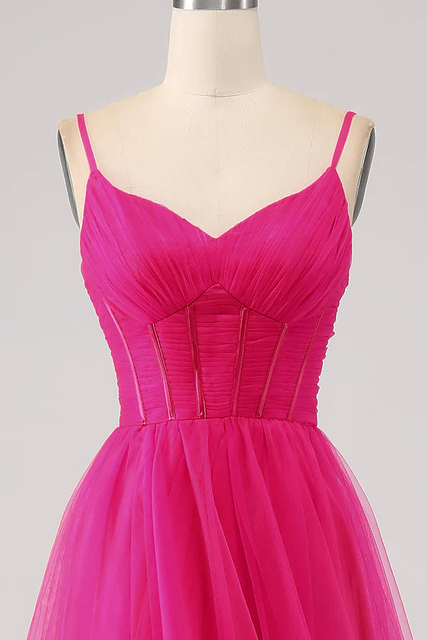 Fuchsia A-Line Spaghetti Straps Long Corset Prom Dress with Slit simple gentle atmospheric and unique desi