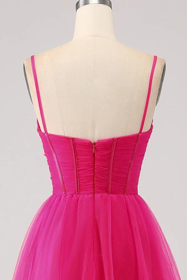 Fuchsia A-Line Spaghetti Straps Long Corset Prom Dress with Slit simple gentle atmospheric and unique desi