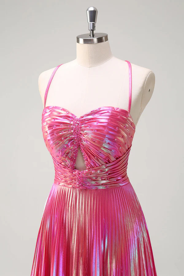 Fuchsia A-Line Spaghetti Straps Metallic Pleated Long Prom Dress with Slit simple gentle atmospheric and unique desi