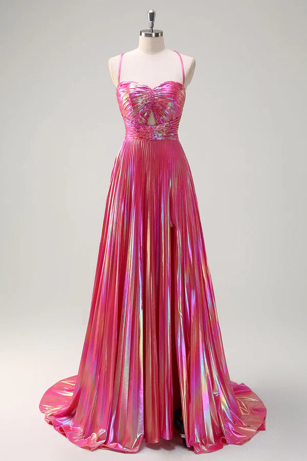 Fuchsia A-Line Spaghetti Straps Metallic Pleated Long Prom Dress with Slit simple gentle atmospheric and unique desi