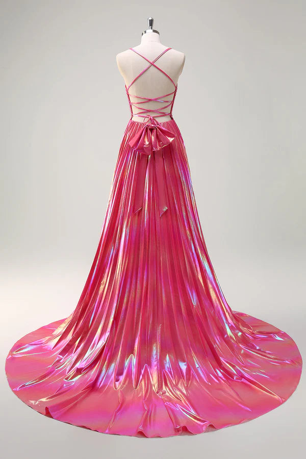 Fuchsia A-Line Spaghetti Straps Metallic Pleated Long Prom Dress with Slit simple gentle atmospheric and unique desi