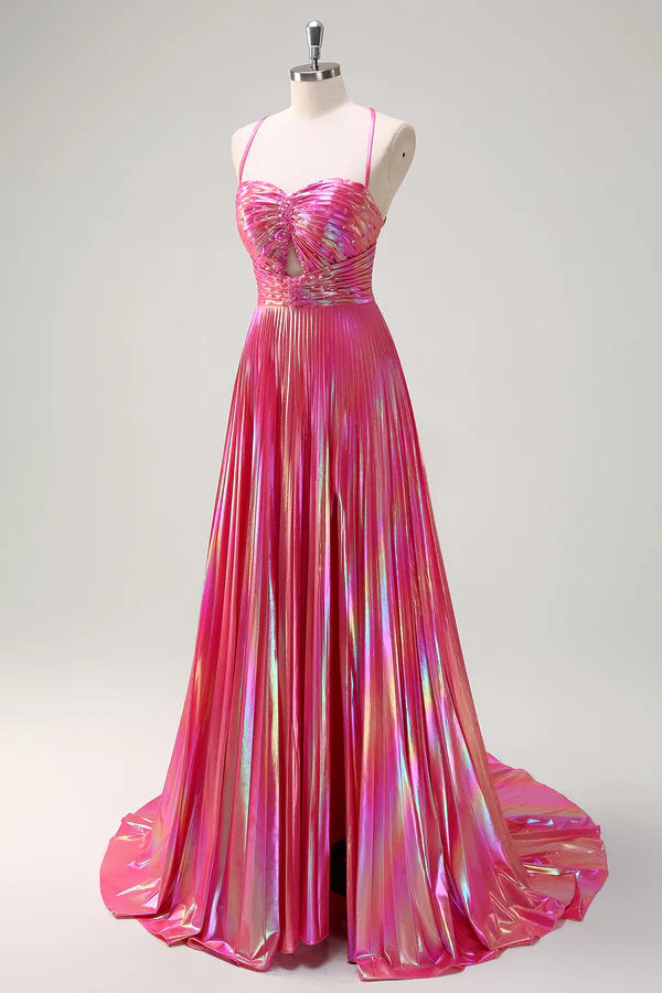 Fuchsia A-Line Spaghetti Straps Metallic Pleated Long Prom Dress with Slit simple gentle atmospheric and unique desi