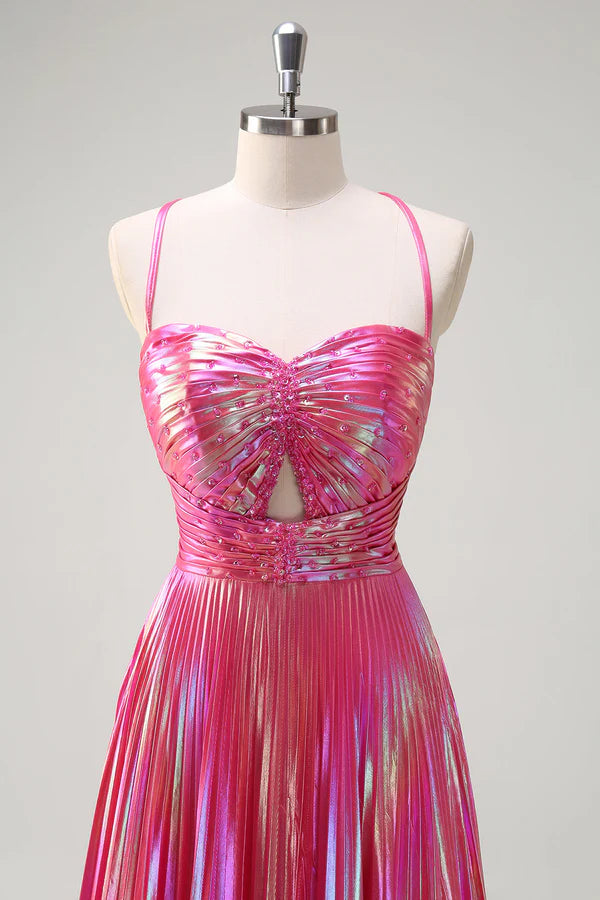 Fuchsia A-Line Spaghetti Straps Metallic Pleated Long Prom Dress with Slit simple gentle atmospheric and unique desi