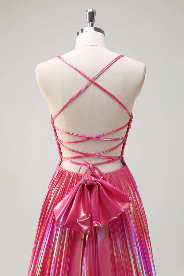 Fuchsia A-Line Spaghetti Straps Metallic Pleated Long Prom Dress with Slit simple gentle atmospheric and unique desi