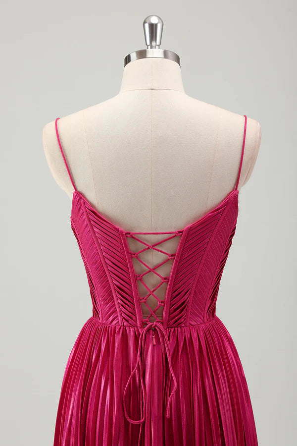 Fuchsia A Line Spaghetti Straps Corset Pleated Prom Dress with Lace Up Back simple gentle atmospheric and unique desi