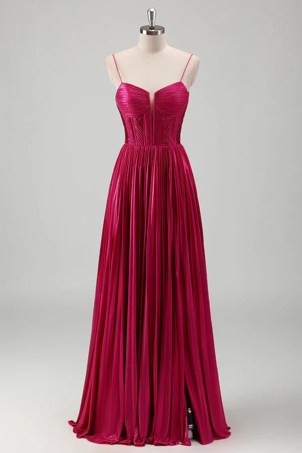 Fuchsia A Line Spaghetti Straps Corset Pleated Prom Dress with Lace Up Back simple gentle atmospheric and unique desi